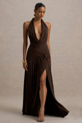 Mist | Brown Plunge-Neck Split Maxi Dress