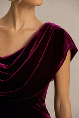High End | Burgundy Velvet Asymmetric-Neck Midi Dress With Draped Detailing