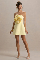 Daffodil | Lemon Bandeau Mini Dress With Large Floral Corsage
