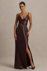 Lila | Burgundy Faux Leather Plunge-Neck Maxi Dress With Split