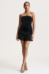 Valentina | Black Velvet Bandeau Mini Dress With Pleated Detailing