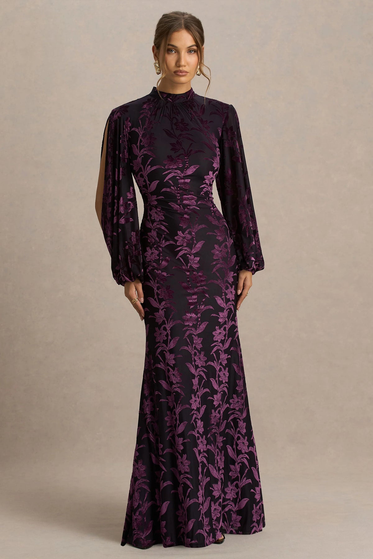 Janet | Black And Burgundy Devore High-Neck Maxi Dress With Cut-Out Details