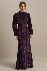Janet | Black And Burgundy Devore High-Neck Maxi Dress With Cut-Out Details