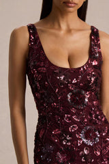 Moonshine | Burgundy Floral Sequin Embellished Square-Neck Mini Dress