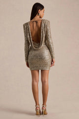 Mercedes | Champagne Sequin Boat-Neck Mini Dress With Long-Sleeves And Draped Detailing