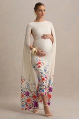 Providence | Light Pink Floral Print Boat-Neck Maternity Midi Dress With Cape Sleeves