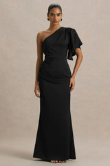 Unforgettable | Black Asymmetric-Neck Maxi Dress With Ruched Detailing