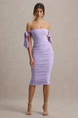 Citrus | Lilac Bardot Bodycon Midi Dress With Bow Sleeves
