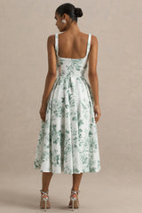 Lissa | Green Porcelain Print Square-Neck Midi Dress
