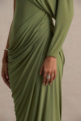 Aphra | Green High-Neck Maxi Dress With Cape-Sleeve