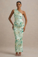 Dalarie | Green Floral Print One-Shoulder Gathered Maxi Dress