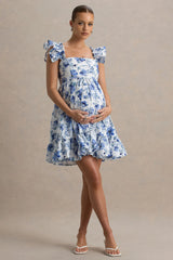 Dolly Daze | Blue Floral Print Ruffle Sleeve Babydoll Maternity Mini Dress