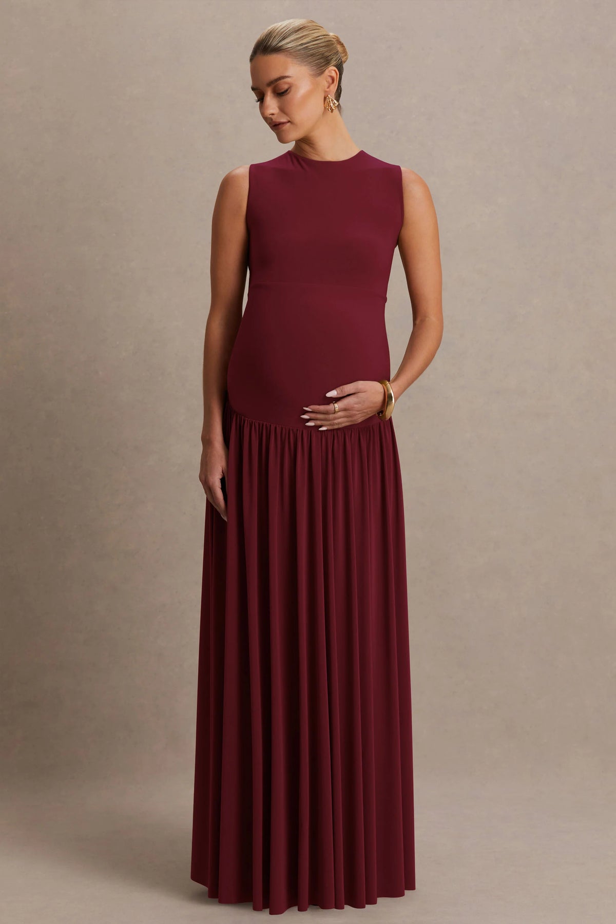 Outline | Burgundy High-Neck Maternity Maxi Dress With Draped Skirt