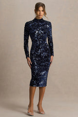 Alanita | Navy Velvet And Sequin High-Neck Midi Dress With Long Sleeves