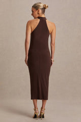 Mireille | Brown Halter-Neck Maternity Midi Dress