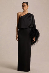 Felicity | Black Satin Asymmetric-Neck Maxi Dress With Feather Detailing