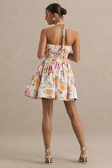 Kasey | Cream Floral Print Halter-Neck Mini Dress With Ruffle Detail
