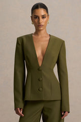 Rosalina | Olive Extreme-Plunge Neck Tailored Blazer