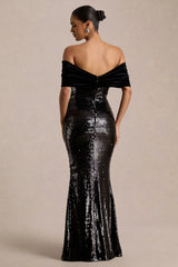 Bex | Black Sequin Bardot-Neck Maxi Dress