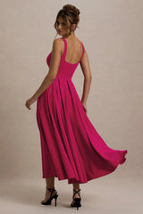 Parina | Hot Pink Strappy Volume-Hem Midi Dress