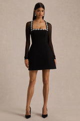 Emmey | Black Crepe And Mesh Square-Neck Mini Dress