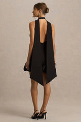Geneve | Black Halter-Neck Mini Dress With Ruffled Trim