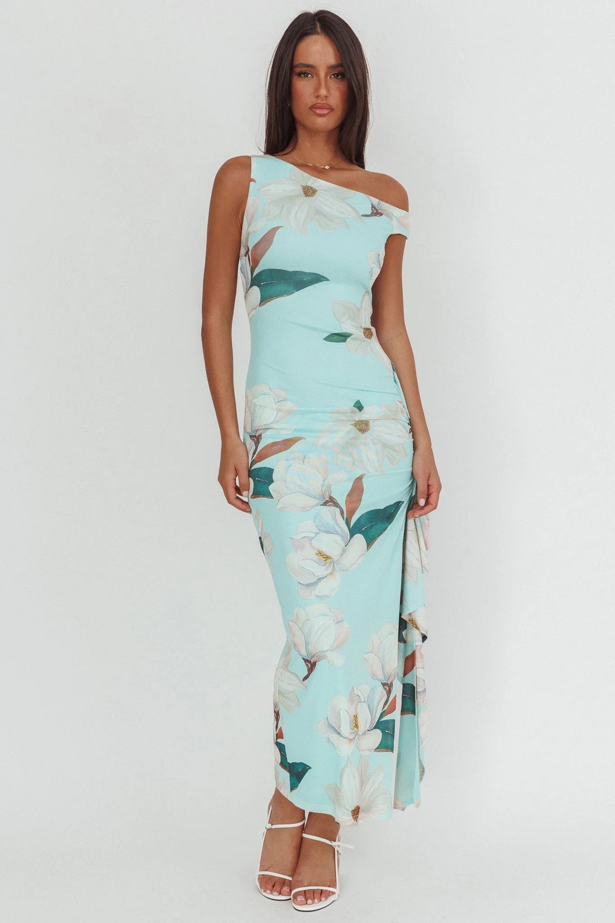 Raphaella Asymmetric Neckline Split Maxi Dress Magnolia Mint