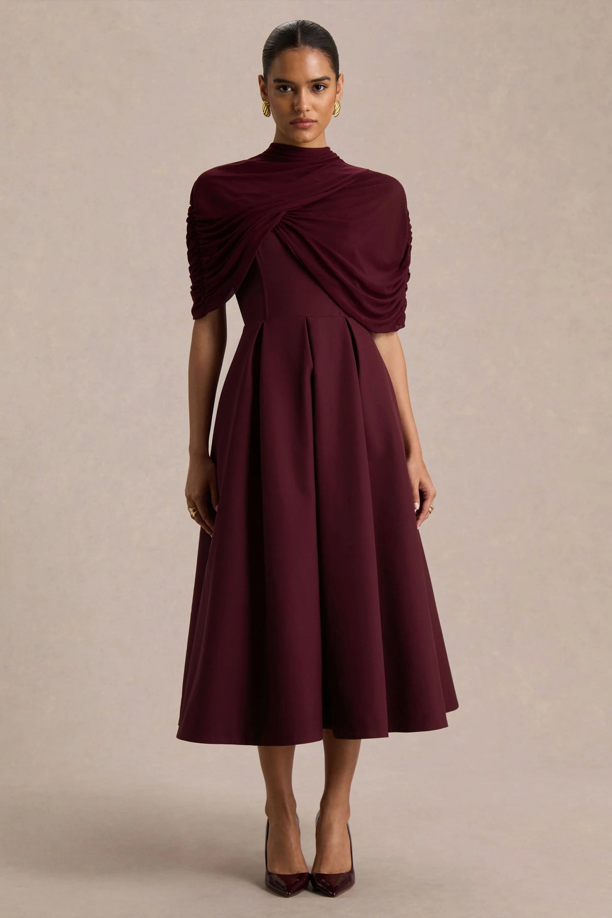 Thalia | Burgundy High-Neck Midi Dress With Sheer Mesh Cape