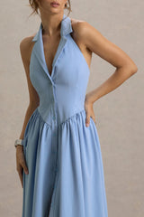 Samsara | Light Blue Plunge-Neck Collared Midi Dress