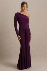 Clover | Burgundy Asymmetric-Neck Wrapped Maxi Dress With Sash