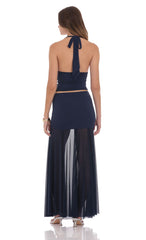 Mesh Fishtail Maxi Skirt in Navy