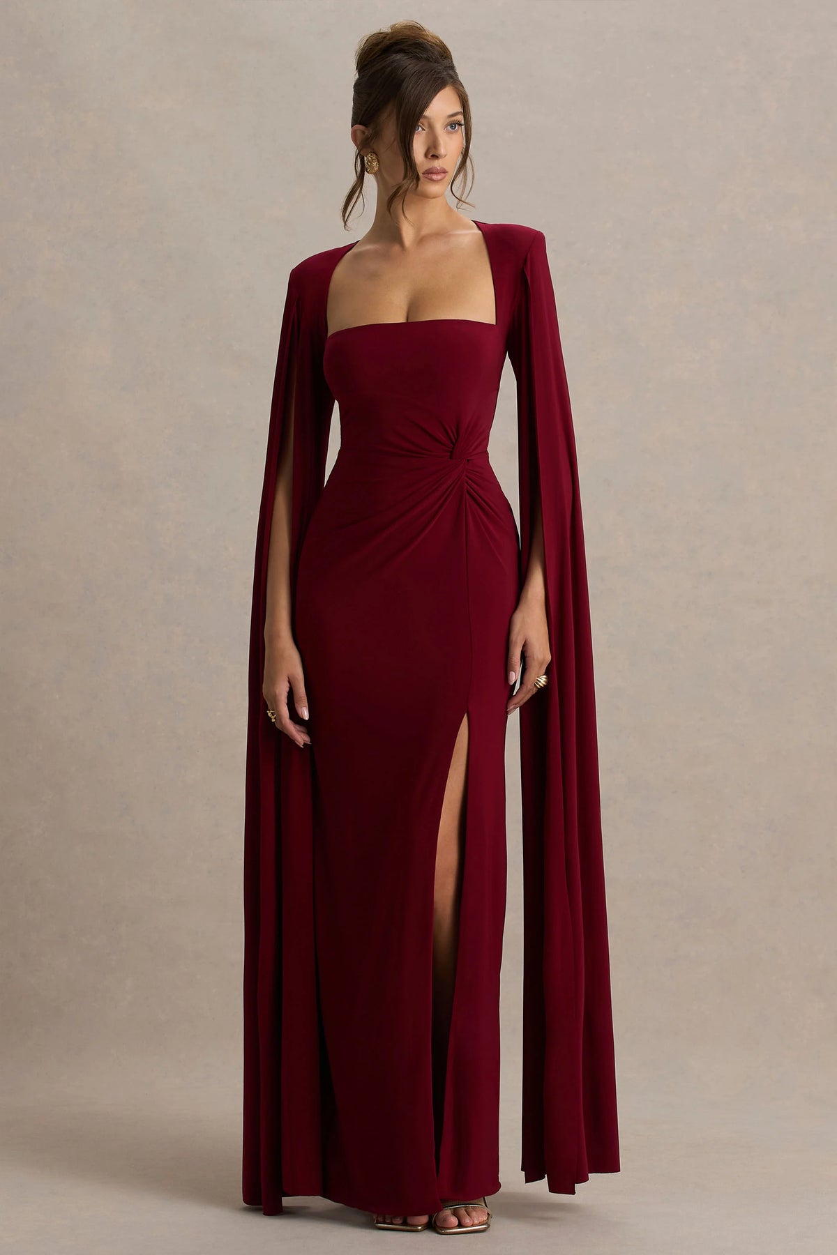 Claretta | Berry Square Neck Twisted Maxi Dress With Cape Sleeves