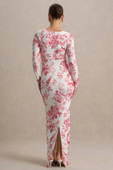 Vanette | Pink Floral Print Asymmetric Long-Sleeve Maternity Maxi Dress