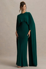 Padma | Bottle Green Draped Maxi Dress With Cape Sleeves