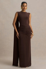 Premiere | Brown Boat-Neck Maxi Dress With Cape Sleeves And Open-Back