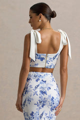 Phoebe | Blue Porcelain Print Crop Top With Tie Straps Tie