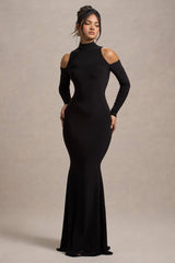 Catarina | Black Turtle-Neck Long-Sleeve Maxi Dress With Cold Shoulders