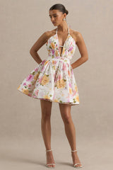 Kasey | Cream Floral Print Halter-Neck Mini Dress With Ruffle Detail