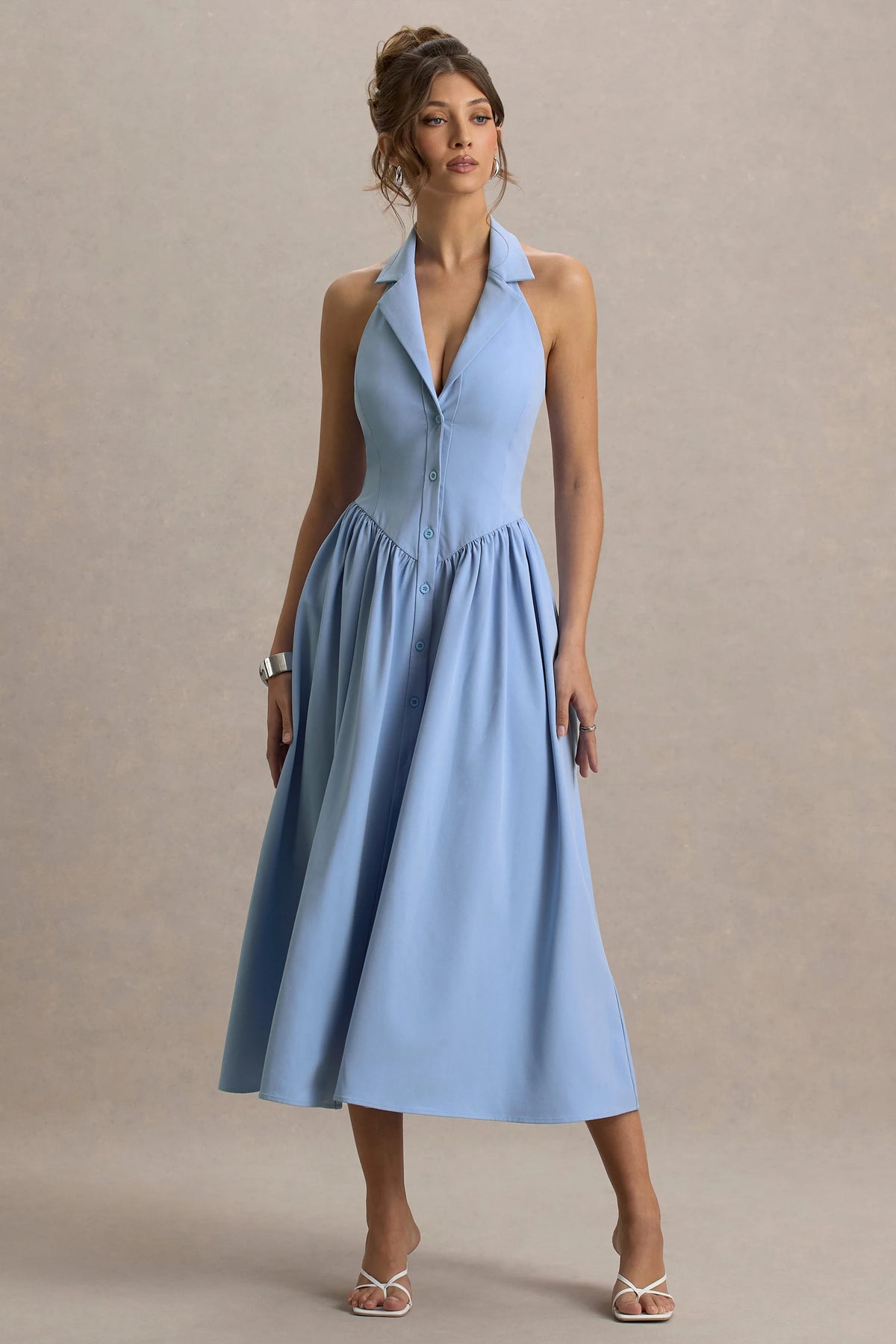 Samsara | Light Blue Plunge-Neck Collared Midi Dress