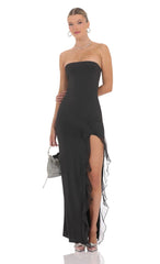 Strapless Ruffle Slit Maxi Dress in Black