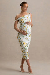 Salome | White Botanical Floral Print Twisted Asymmetric Maternity Midi Dress