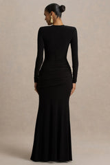 Liora | Black Crew-Neck Maxi Dress With Front-High Split