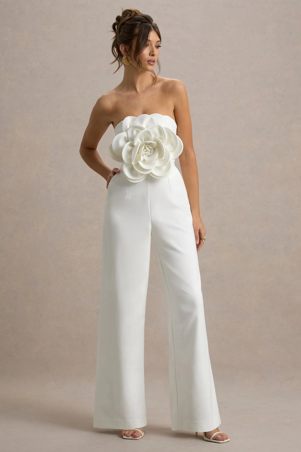 Opia | White Bandeau Wide-Leg Jumpsuit With Large Floral Corsage