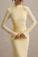 Cassandra | Pale Lemon High-Neck Long-Sleeve Midi Dress