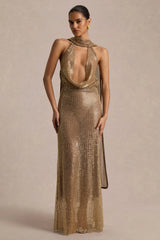 Anele | Gold Sequin High-Neck Maxi Dress With Sash And Open-Back