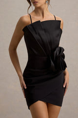 Olivette | Black Ruffled Mini Dress With Corsage Detail