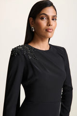 Reese | Black High-Neck Maxi Dress With Embellished Detail and Sash