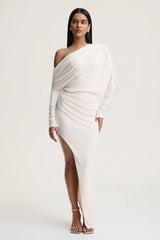Olivia | Cream Asymmetric-Neck Maxi Dress With Ruched Detailing Asymmetric-Hem