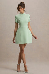 Carabella | Light Green High-Neck Short-Sleeve Mini Dress