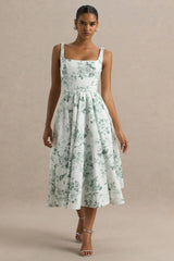 Lissa | Green Porcelain Print Square-Neck Midi Dress